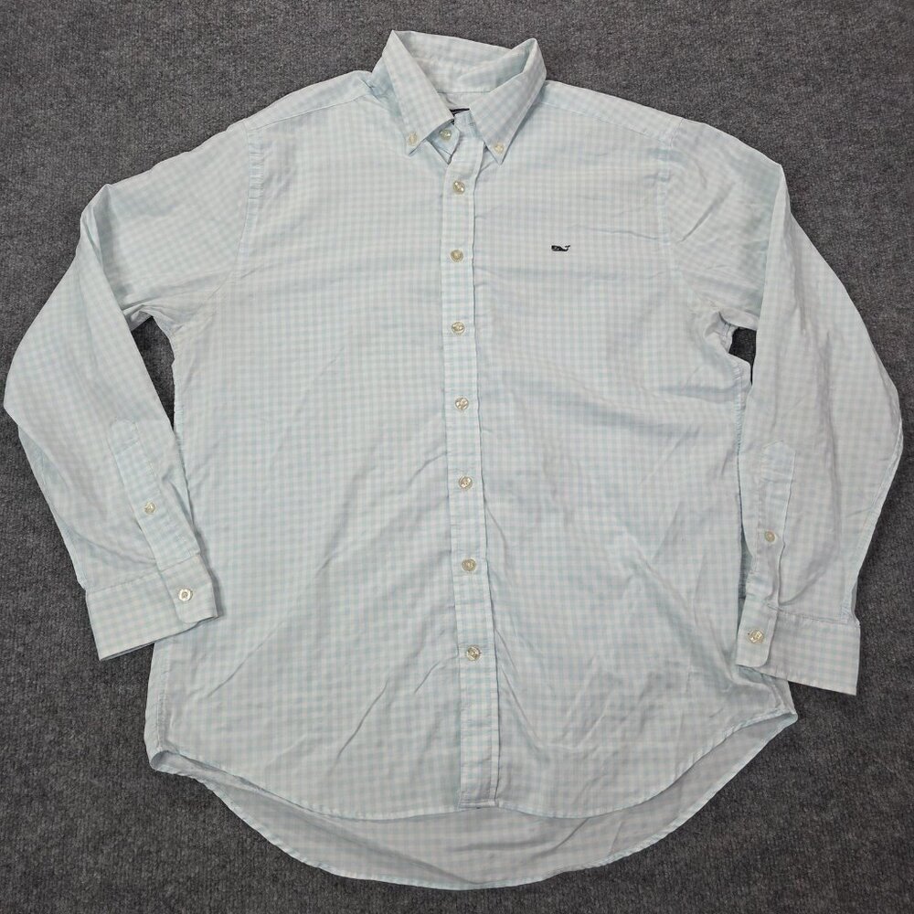 Vineyard Vines Shirt Mens Large Blue Gingham Slim Fit Whale Embroidered Logo